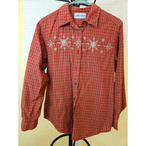 CABIN CREEK Shirt Top Blouse Sz M Christmas Snowflakes Winter Embroider Shimmer‎